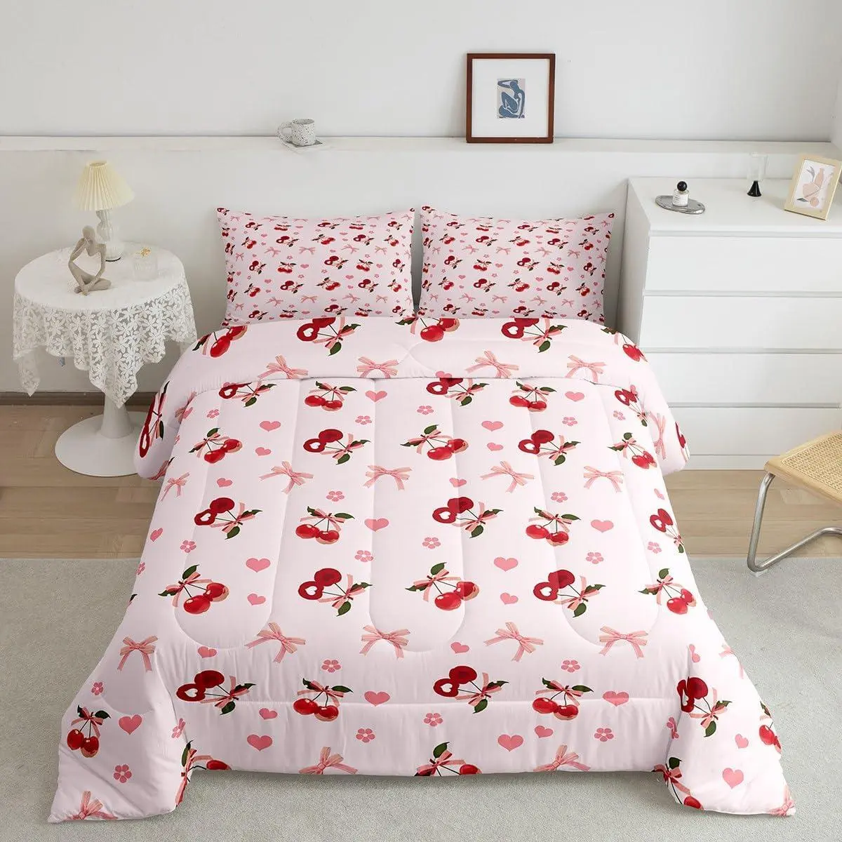 Girls Pink Cherry Bow Comforter Set Cute Bowknot Bedding Set Kids Boys Girls Flower Bow Cherry Room Decor Duvet Quilt