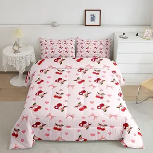 Girls Pink Cherry Bow Comforter Set Cute Bowknot Bedding Set Kids Boys Girls Flower Bow Cherry Room Decor Duvet Quilt