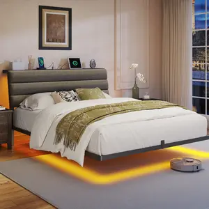 Floating Bed Frame Full with Charging Station & Led Lights, Full Size Bed Frame with Upholstered Storage Headboard, Modern Metal Platform Bed, Easy Assembly No Box Spring Needed, Dark Gray #SummerVibes