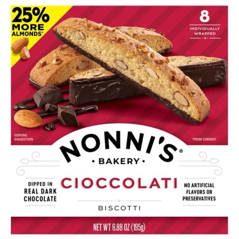 Nonni's Individually Wrapped Cioccolati Biscotti 6.88 Oz - 8 Count, Perfect for Snacking and Sharing