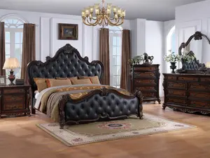 Florence Dark Cherry Traditional Queen Bedroom Set with Nightstand, Dresser & Mirror – Solid Wood, Button Tufted Leatherette, Sintered Stone Tops
