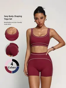 Women's Sporty Two-Piece Set, High Stretch Naked Feel Fabric, Shockproof Yoga Bra + Butt Lifting Shorts, Pilates Outdoor Fitness, Athletic Sets