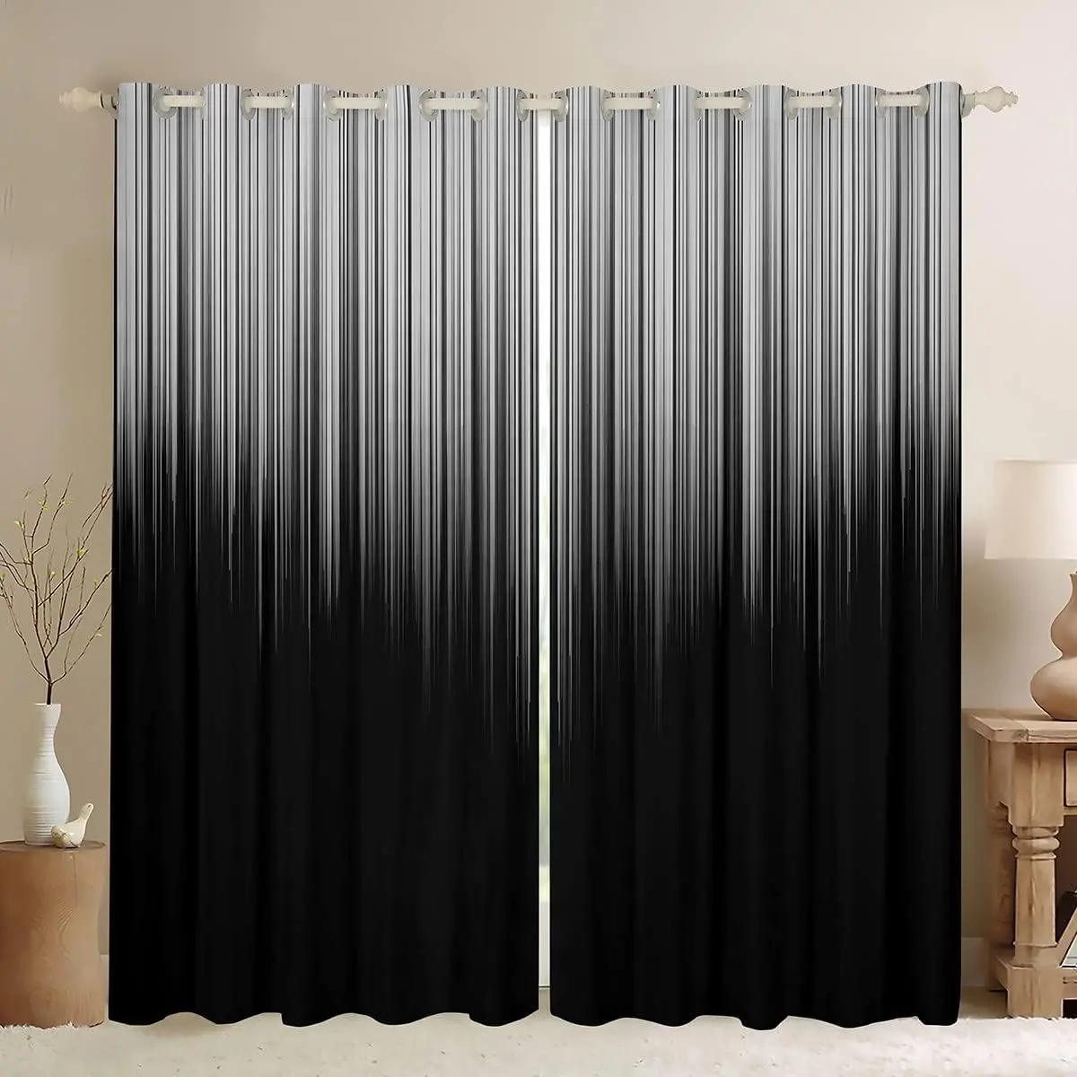 Feelyou Black & Grey Geometric Ombre Boho Gradient Heavy Curtains - 2-Panel Privacy Grommet Drapes, Home Textile Window Curtains for Bedroom Decoration, Heavy Curtain, Privacy Grommet Curtains
