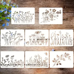 Floral Pattern DIY Craft Drawing Stencil, 8pcs/set Reusable Painting Stencil, Square Crafts Stencil Board For School, DIY Craft Kit