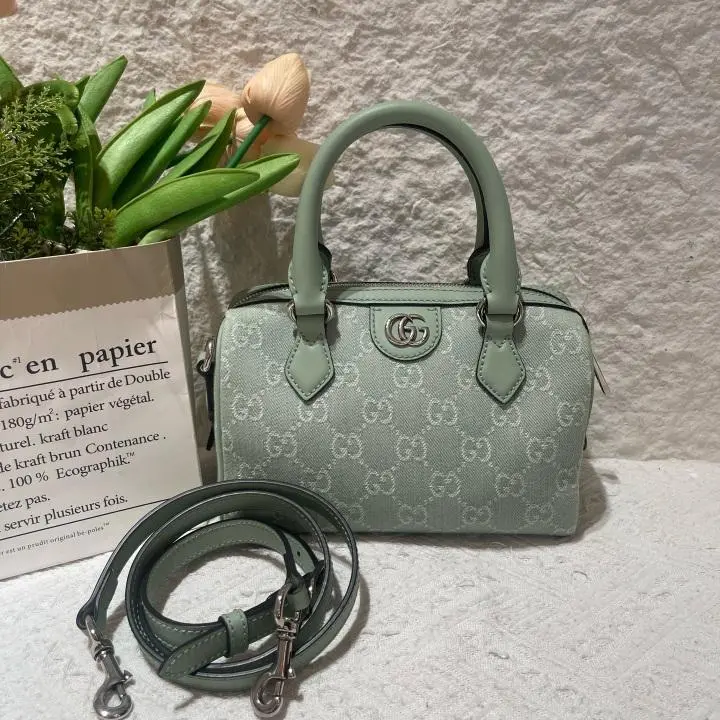 Pre-owned Gucci Ophidia Mini 772053 Pale Green GG Denim Top Handle Bag ZX099