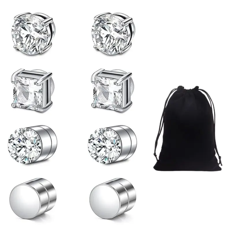 Unisex Hole-Free Fake Piercing Ear Clips Set - 4 Pairs Silver Cubic Zirconia Earrings with 1 Storage Bag, Fake Piercings