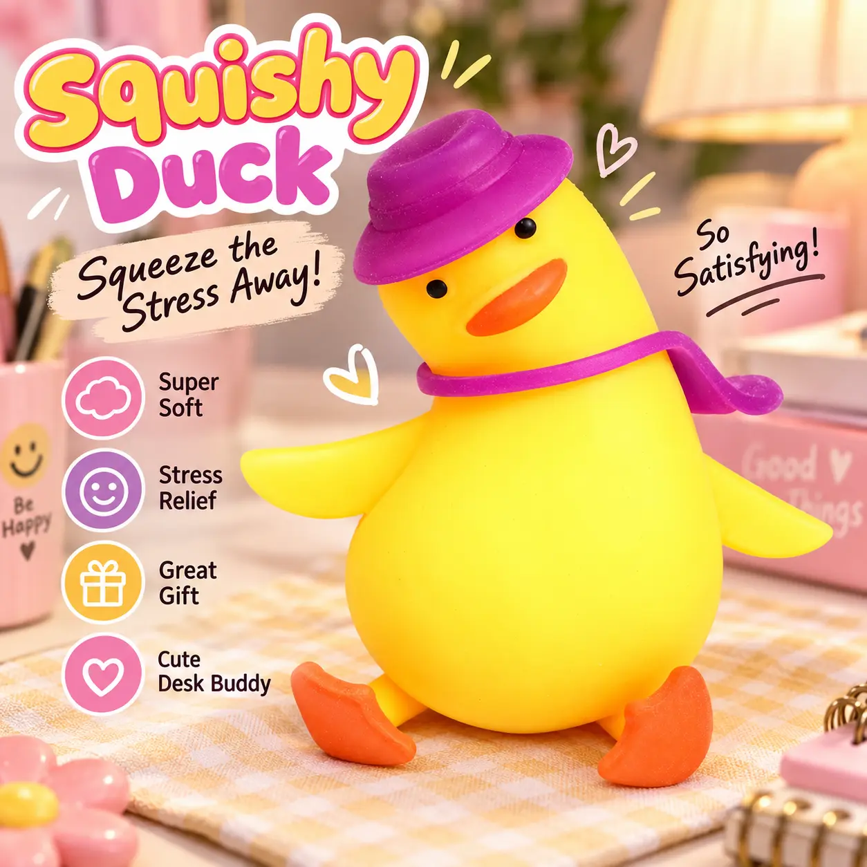 Squish Works Stretchy Squishy Duck Stress Relief Toy, Soft Squeeze Fidget Toy, Cute Pull & Stretch Sensory Toy, Funny Desk Buddy Gift for Teens & Adults