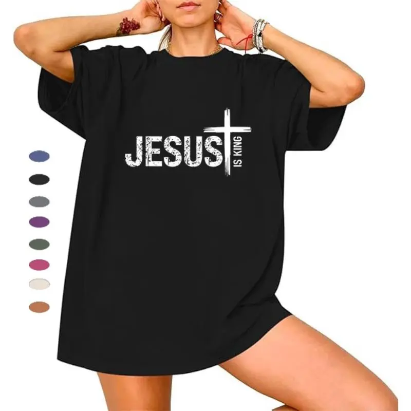 Christian Cross God Loves You Religious Jesus is King T-Shirt Women's Graphic Tees Loose Top 100% Cotton Round Neck Short Sleeves Super Soft Stylish Summer Streetwear Black Crewneck