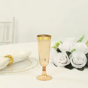 12-Pack Plastic Champagne Flutes 5oz Amber Gold with Gold Rim - Disposable Toasting Glasses with Detachable Base 6"