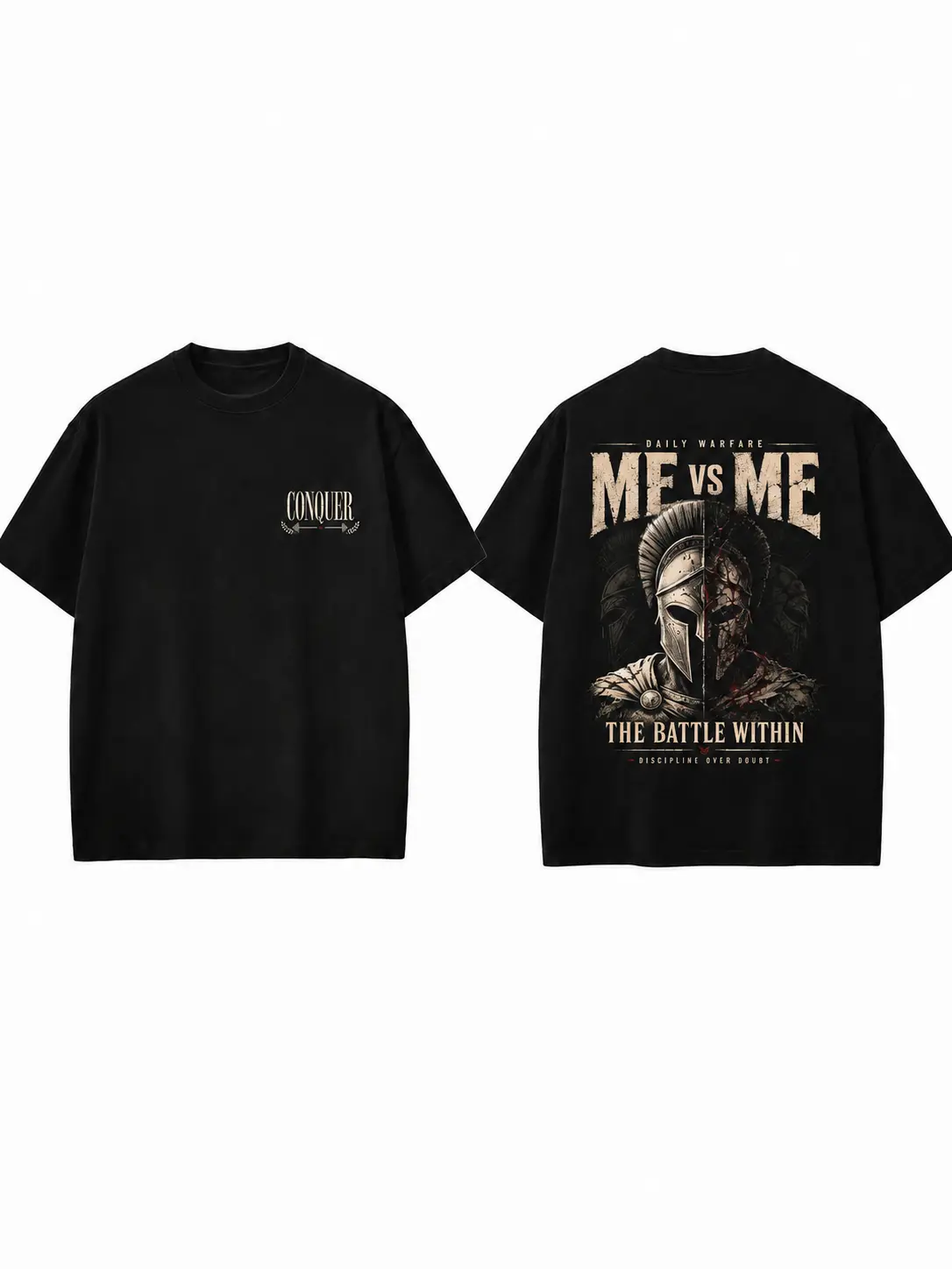 Men’s Me vs Me The Battle Within Graphic T-Shirt, Spartan Warrior Skeleton Front and Back Print Tee, Discipline Over Doubt Motivational Gym Workout Bodybuilding Shirt, Oversized Vintage Unisex Fitness Streetwear