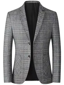 Men's Plaid Print Checked Button Front Blazer, Regular Fit Long Sleeve Pocket Lapel Neckline Blazer, Business Suit Jacket For Work Office, Menswear