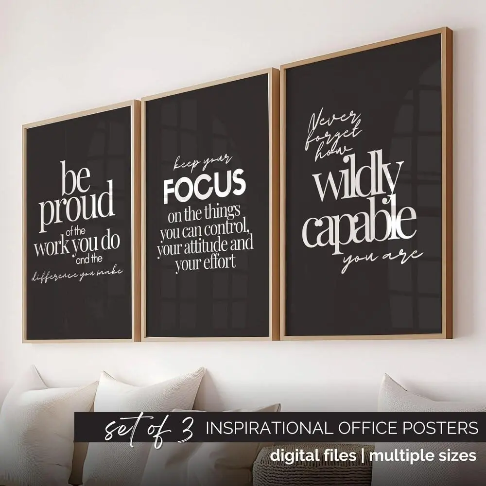 Motivational Wall Art Set of 3, Inspirational Quote Posters for Women Office Decor Black, Inspiring Work Quote Prints, Growth Mindset Art