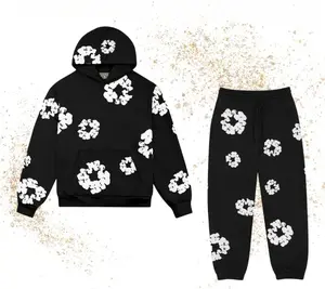 2026 Y2K Harajuku Style Cotton Floral Bubble Print Shorts Set | Unisex Street Hip-Hop Outfit with Foam Wreath Sweatpants trendy daily casual short