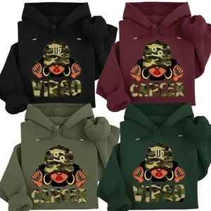All 12 Zodiac Camo Queen Hoodie for Women, Virgo Cancer Astrology Pullover with Afro Girl Graphic, Bold Camouflage Horoscope Sweatshirt, Trendy Zodiac Gift