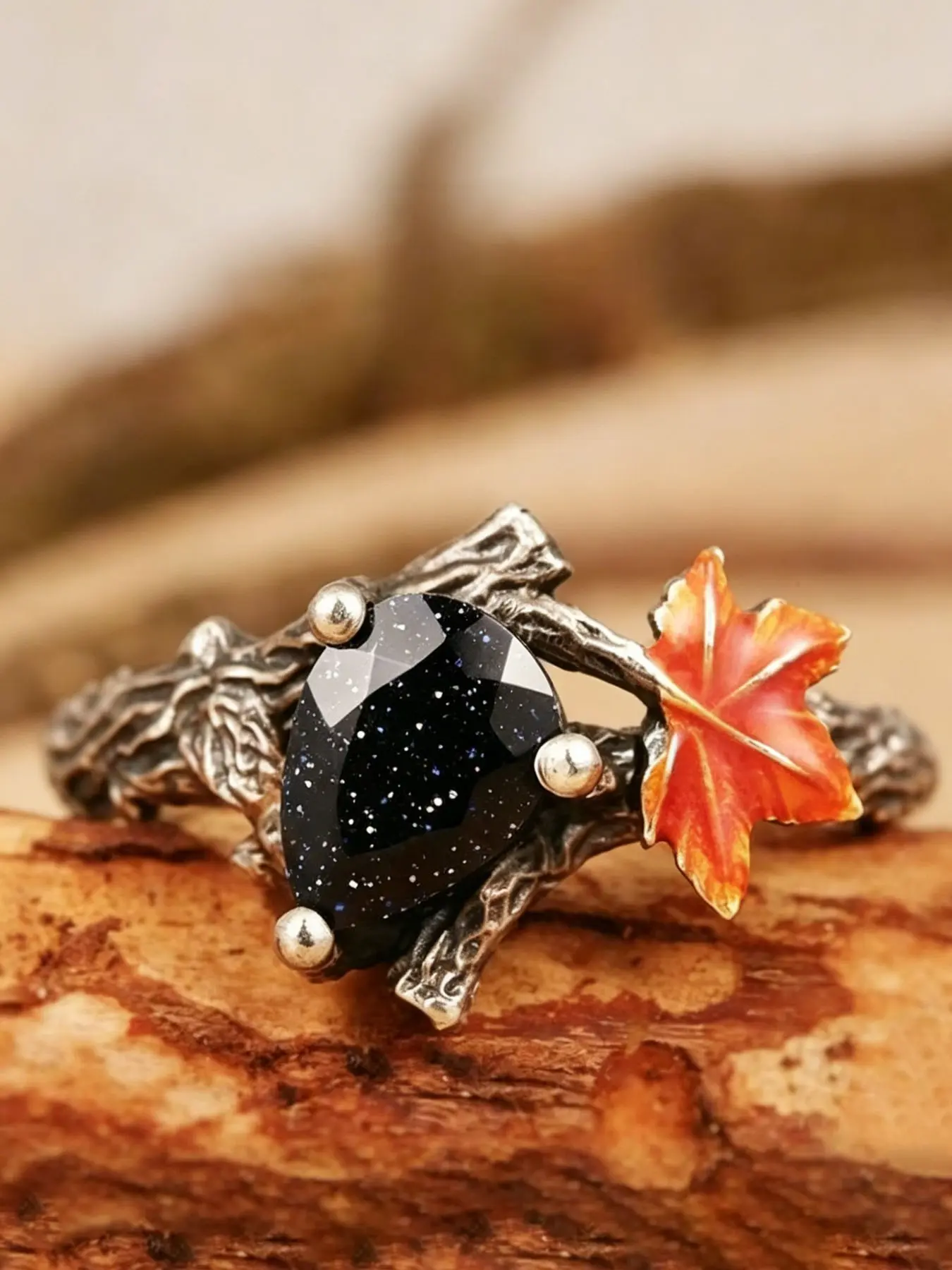 Vintage Teardrop Obsidian Maple Leaf Ring, Unisex Antique Style Party Wedding Band, Unique Design Jewelry for Men Women