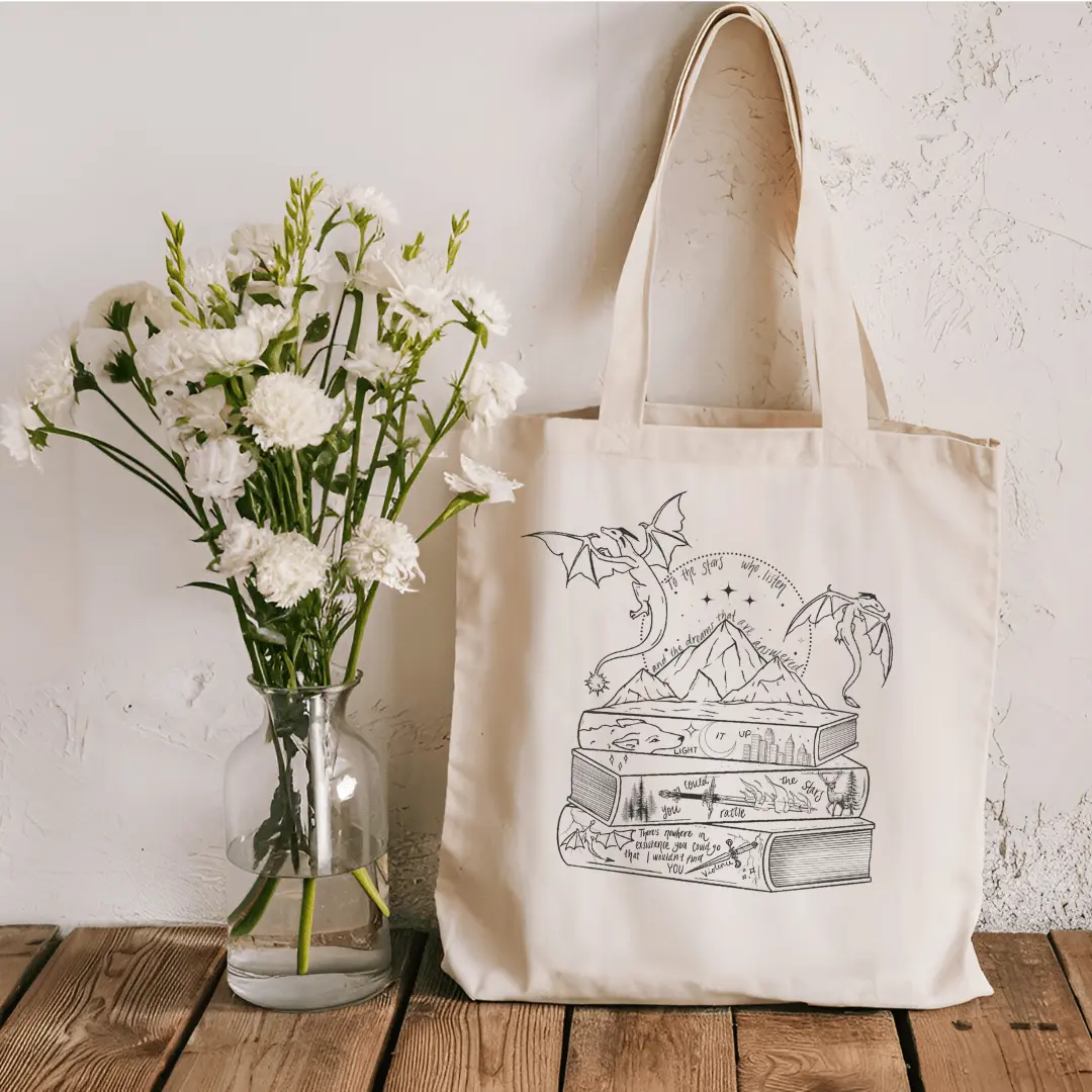 Romantasy Books and Dragons Sublimated Canvas Tote Bag