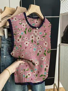 Women's Casual Loose-Fitting Round Neck Sleeveless Knit Top, Spring Summer Back-To-School Style, Blue Print, Fall Winter Fashion, Floral, Knitted