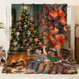 Stranger Things Themed Throw Blanket - Showcasing the Demogorgon, Beloved Characters in a Festive Holiday Scene with a Decorated Christmas Tree, This Soft Flannel Fleece Blanket is Ideal for Couch,