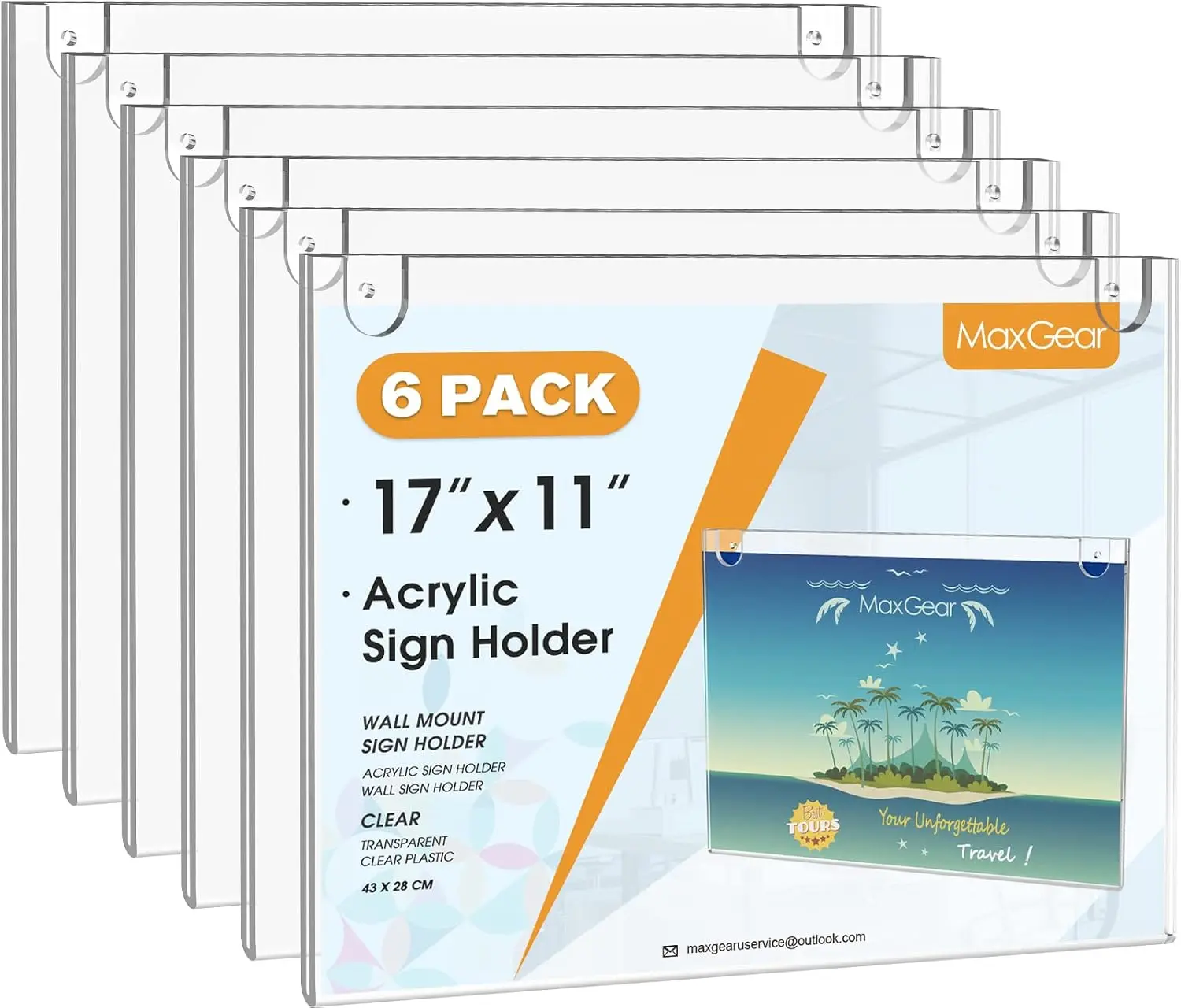 MaxGear 11x17 Inch Transparent Acrylic Sign Holder - Wall-Mount Hanging Clear Plastic Photo Frame with Adhesive Tapes and Mounting Screws, 6-Pack for Office, Home