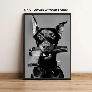 Dog with Gun Pattern Canvas Poster, 1 Count Modern Artistic Wall Art, Wall Decor for Home Living Room Bedroom Office, Ornaments