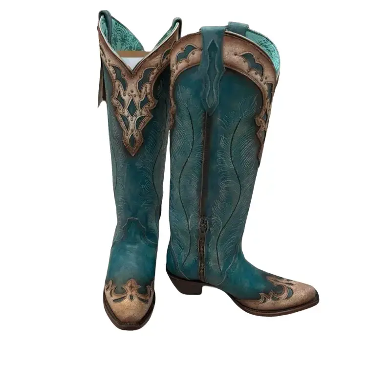 Turquoise and Tan Tall Women's Boots with Embroidered Details and Comfortable Fit