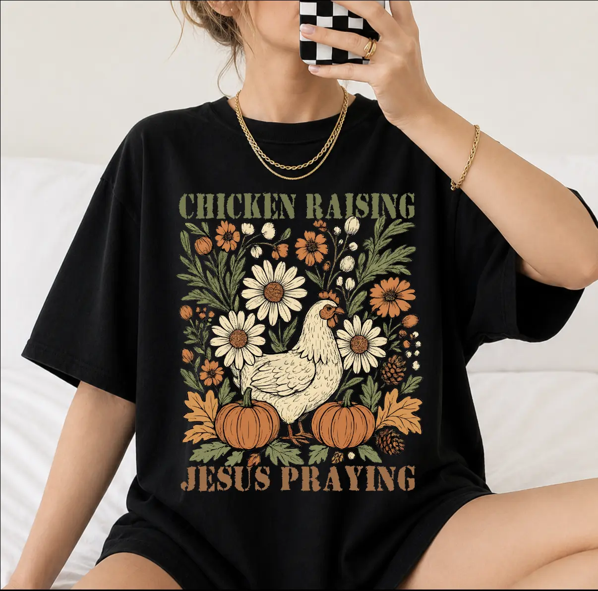 Retro Chicken Raising Jesus Praying Funny Fall Autumn Shirt, Fall Farm Girl Thanksgiving Gift, Christian Chickien Farm Fall Autumn Tee