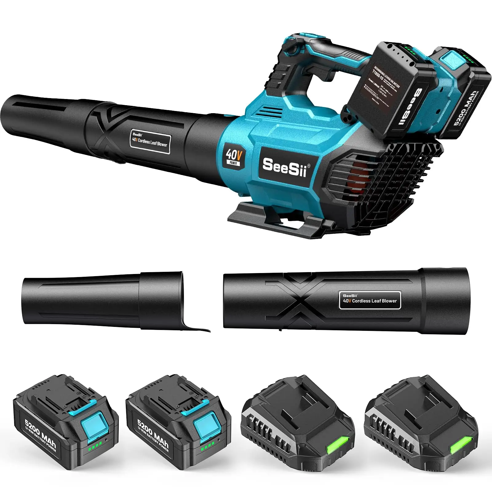 Seesii 40V Leaf Blower Cordless, 680CFM/210MPH Brushless Motor with 2 * 5200 mAh Batteries and 2*Chargers, Variable Speed Control & Turbo Button, Elec