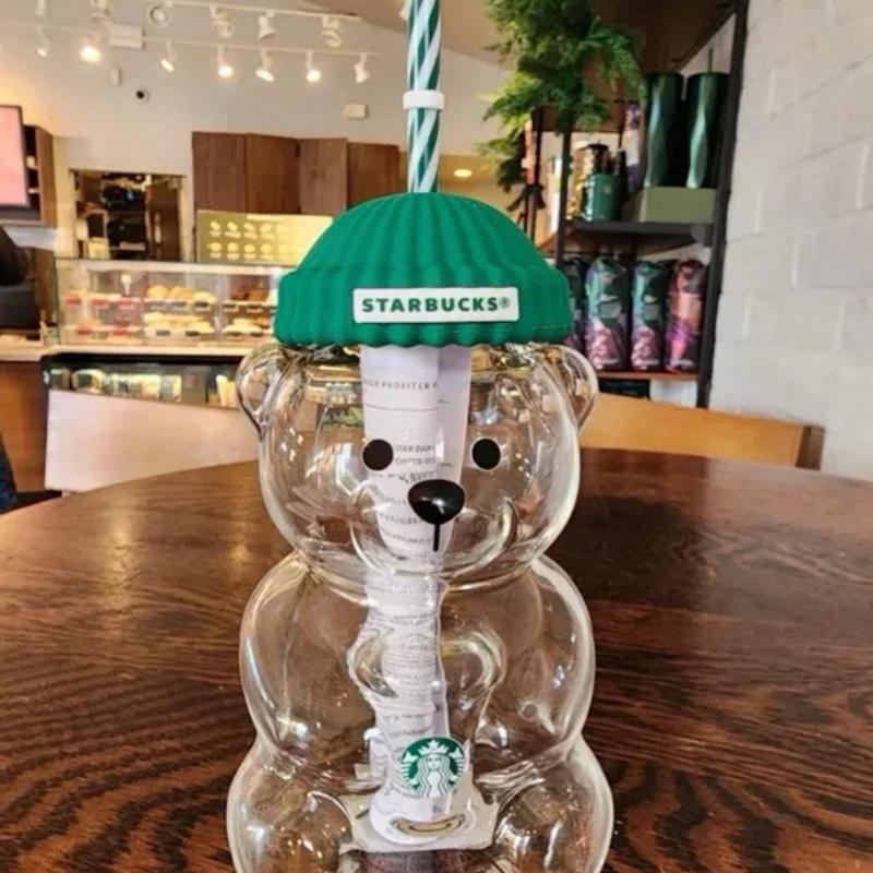 Starbucks Holidsy Bearista Glass Bear Tumbler - LIMITED EDITION with Green Lid and Striped Straw