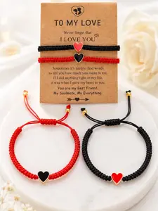 Matching Couple Bracelets Set, Red Black Heart Charm Adjustable Rope Bracelets, Simple Gift for Boyfriend Girlfriend jewelry