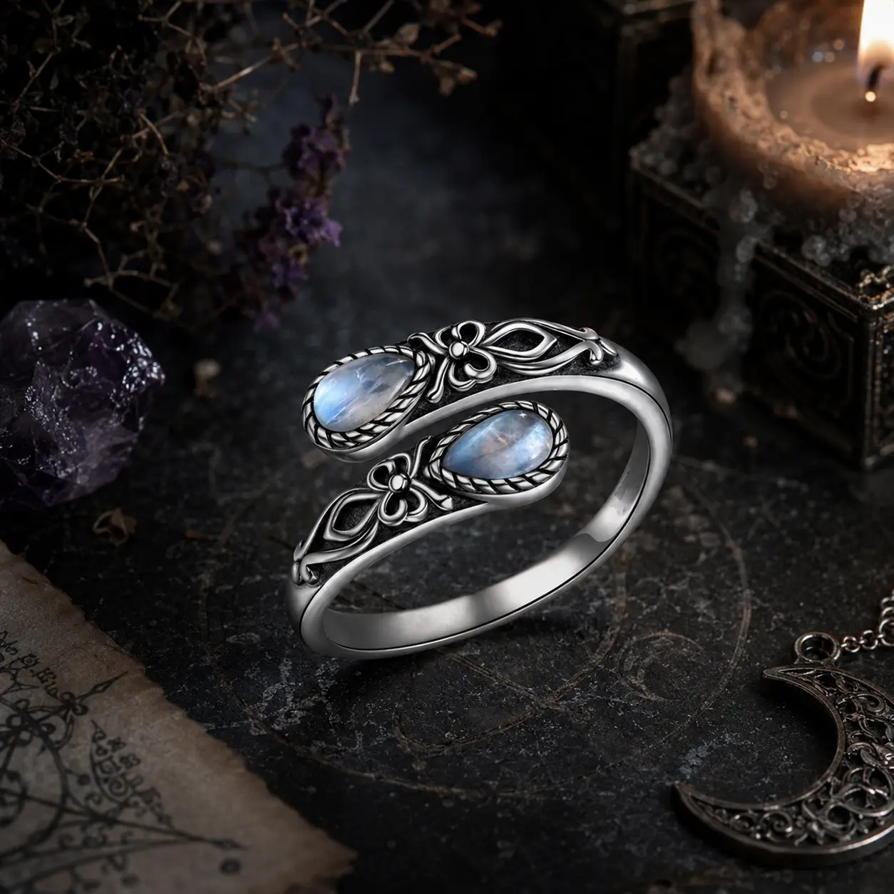 Women's Vintage Moonstone Ring, Elegant Sterling Silver with Floral Engraving, Adjustable Open Design for Everyday Party Wear, Adjustable Open Rings, Classic, Daily, Colored Gemstone Rings