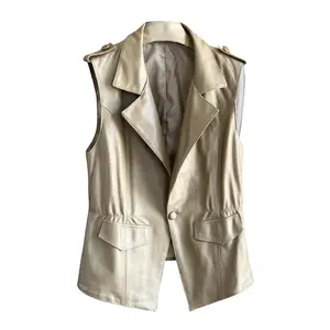 Apricot Women's Leather Vest Sheepskin Notched Lapel Collar Leather Sleeveless Vest by Hide Crafts
