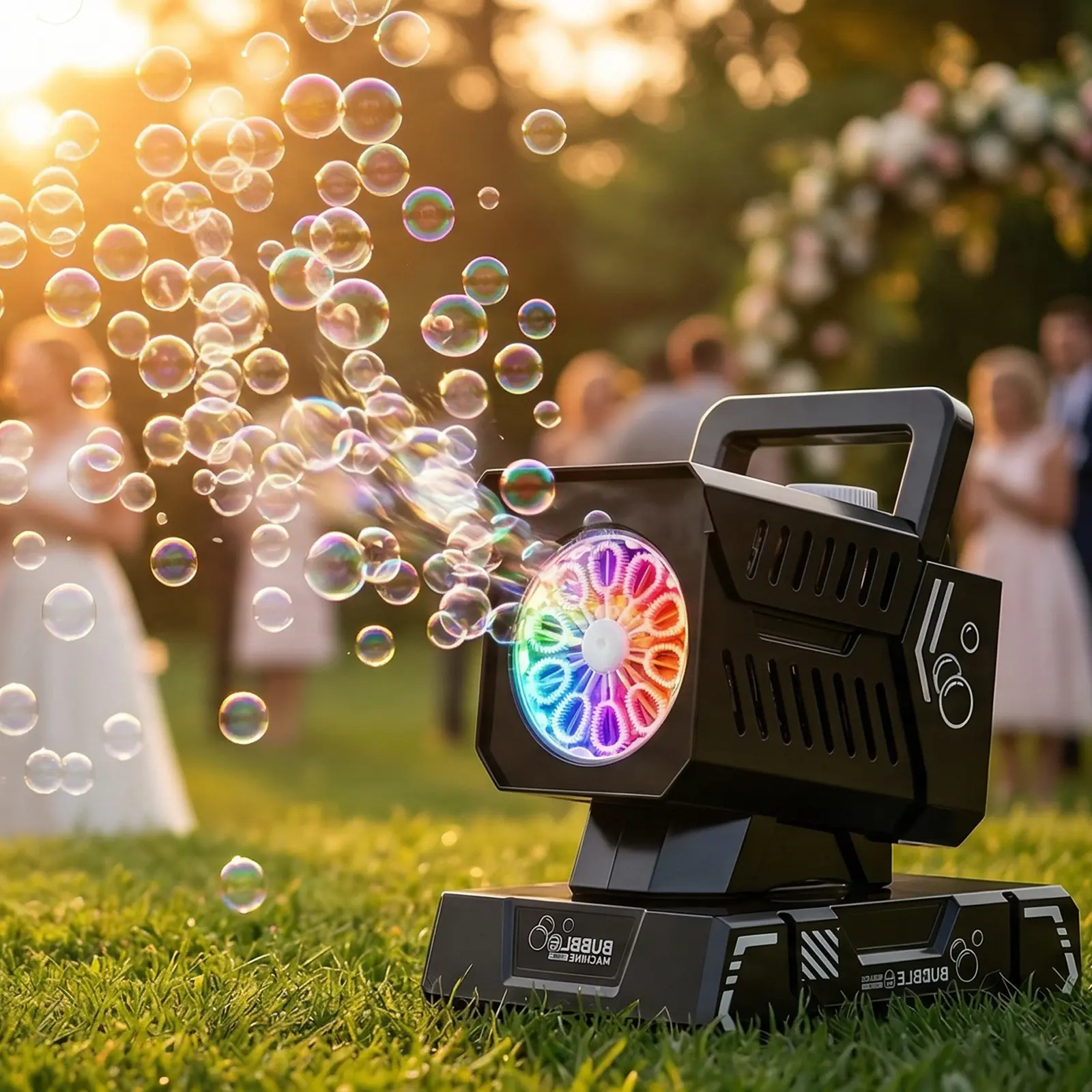 Fikomash Black Wedding Bubble Machine with Soft RGB Lights, 30M Remote Control, Bubble Fun for Dreamy Atmosphere Creation