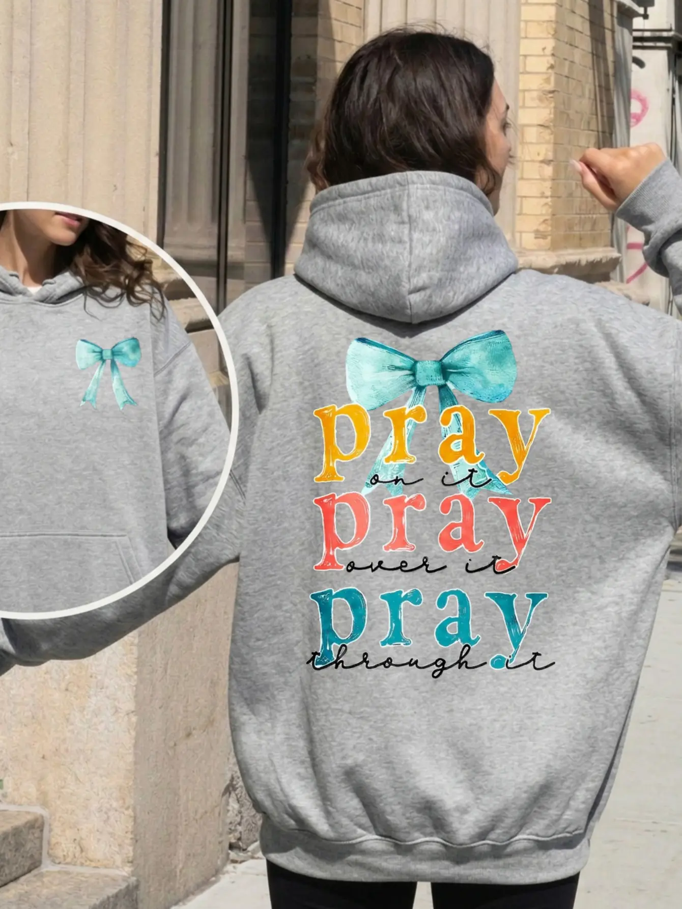 Women Christian Faith Hoodie, Pray On It Pray Over It Pray Through It Double Sided Graphic Hooded Sweatshirt, Cozy Bow Print Religious Inspirational Pullover