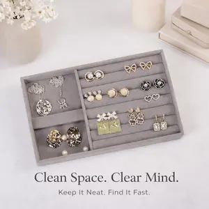 Grey Jewelry Tray - Soft Velvet Lining Organizer for Rings, Earrings & Necklaces | Compact Storage with Anti-Scratch Surface | Perfect for Dresser, Vanity & Travel, box storage organization bedroom storage pack