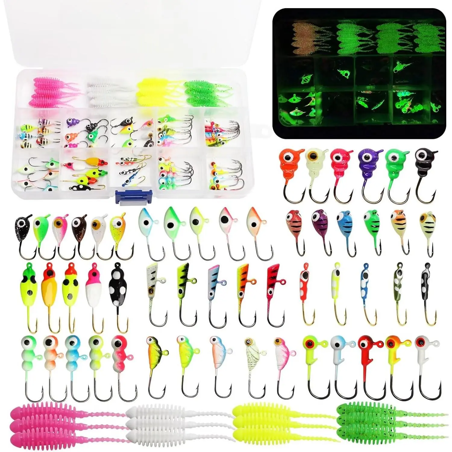 Ice Fishing Jigs Kit Ice Fishing Lures Glow in The Dark Fishing Gear Lures 20-93Pcs Jig Head with Tackle Box for Panfish Walleye Crappie Perch Bluegil Trout