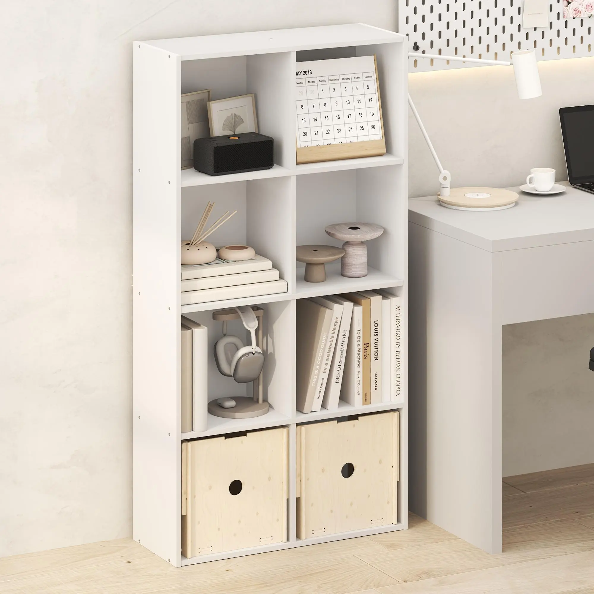 LUDER Rectangular 8-Cube Bookshelf - Open-Shelf Bookcase, 9.0x24.6x47in Minimalist Decluttering Space-Saving Small White Furniture for Living Room, Home Office, Small Spaces