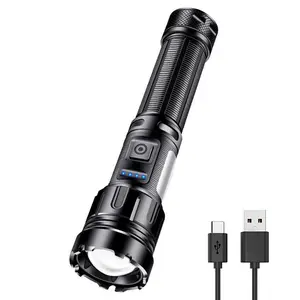 XHP50+COB LED Portable Flashlight with 7 Modes and Power Display 800LM IPX4 Waterproof Torch Lamp Type-C USB Rechargeable Zoomable Torch Lamp 1200mAh Battery Powered Hiking Camping Supplies Charger an