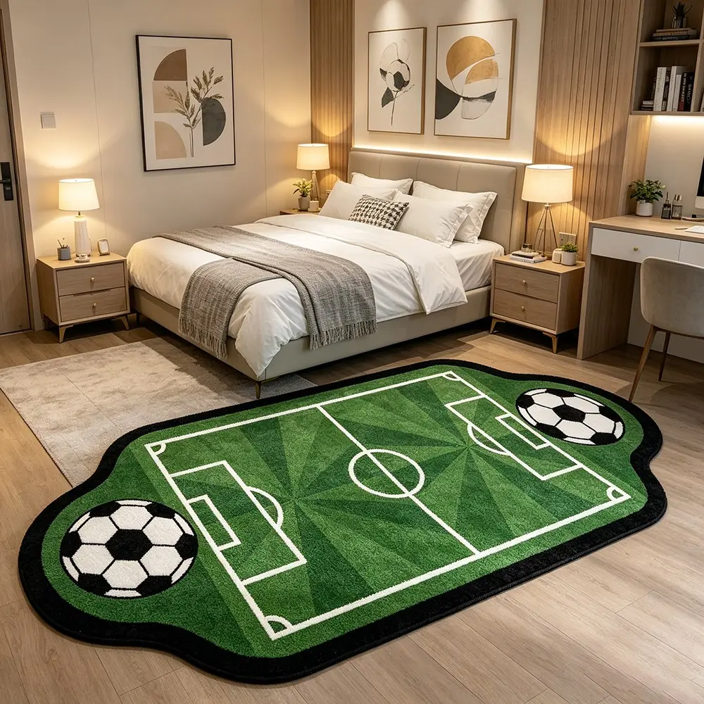 Creative Football Field Rug, Sports Theme Carpet for Living Room Bedroom, Modern Indoor Rug, Contemporary Rugs, Non-Slip, Suitable for Sofa Coffee Table Hotel, Machine Washable Area Rugs