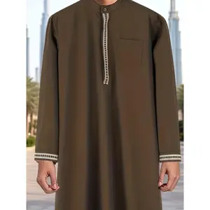 Traditional Moroccan Men'S Brown Abaya with White Lace Trim - Long Sleeve, Button Front, Mandolin Collar, Polyester, Ideal for Spring/Fall