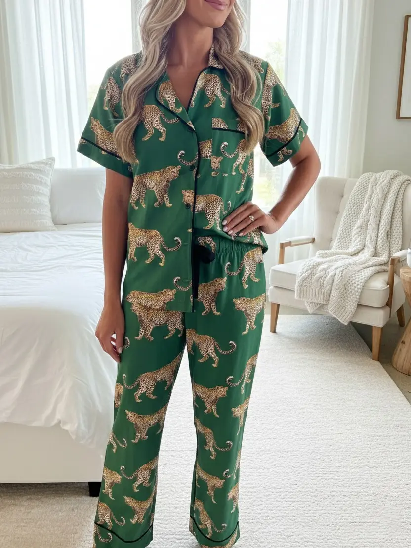 Women's 2-Piece Green Cheetah Print Short-Sleeve Pajamas Set - Breathable Fabric, Machine Washable Athleisure Loungewear Nightwear, Shortsleeve, Above The Knee, Casual, Pajama Set, Pyjamas, Chic And Relaxed Sleepwear