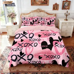 3-piece quilt cover set (1 quilt cover +2 pillowcases, coreless) pink and black contrast color "XOXO" red lips love print soft and comfortable bedding, suitable for all rooms. Valentine's Day gift