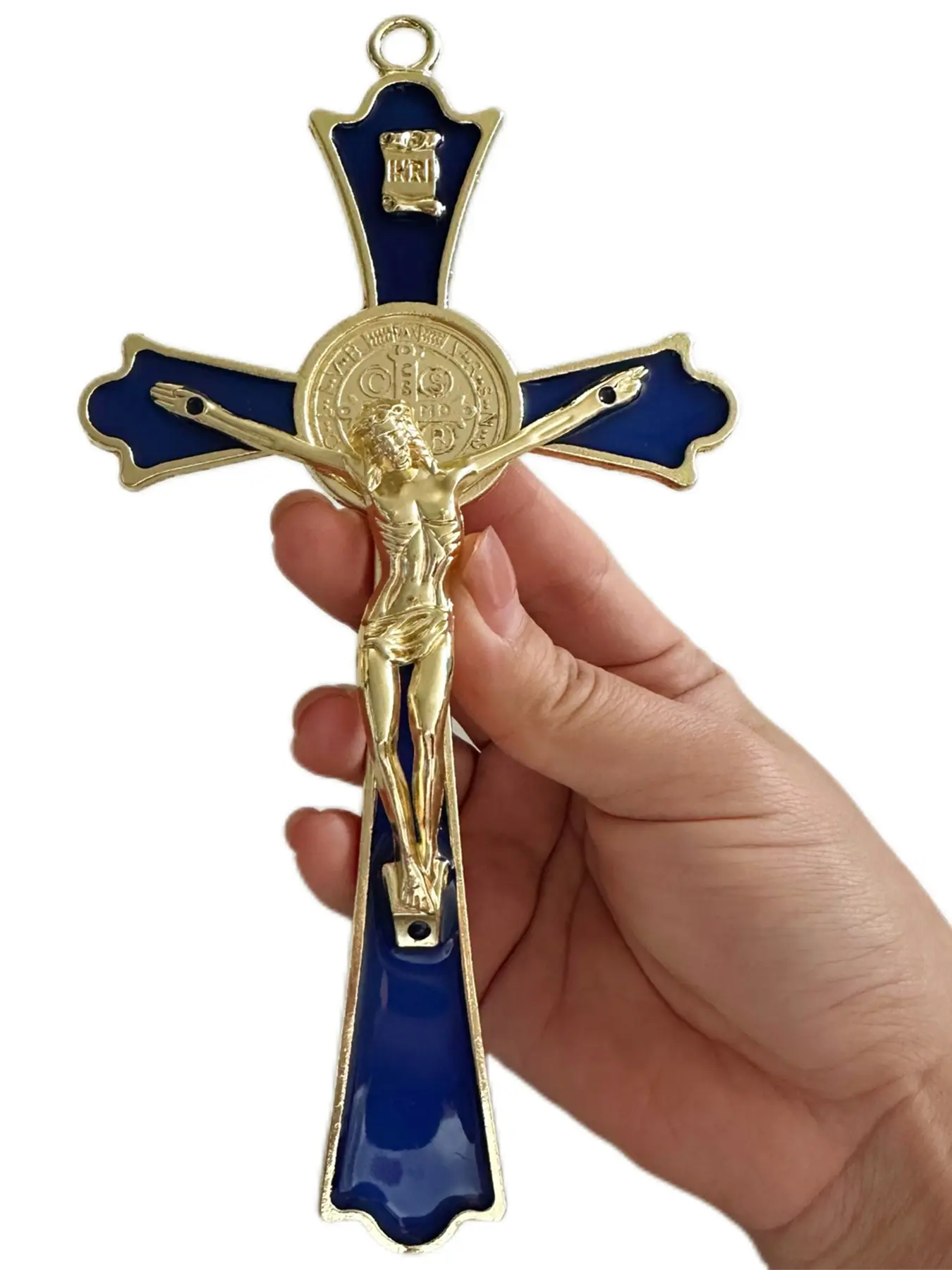 Golden St Benedict Crucifix Metal Wall Art, 7.8x4.1 Inch Cross, Blue/White/Black/Red Wall Decor, Versatile Decor, Saint Benedic Cross for Home Decoration, Catholic Gift, Ornaments, Decorative, Hanging Cross Ornament, Cross Design