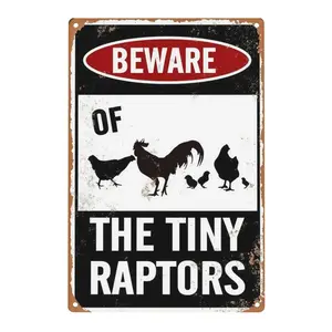 Vintage Metal Warning Sign - Beware Tiny Raptors, Pre-Drilled Funny Poultry Lovers Gift, Retro Distressed Bird-Themed Wall Metal Plaque, Farmhouse Decoration, Country Home Sign Wall Decor