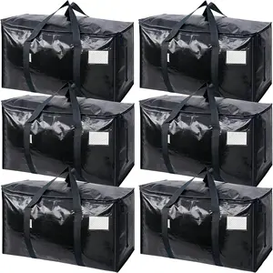 Set of 6 Extra-Large Black Moving & Storage Bags With Zippers and Handles Thickened & Durable Space-Saving