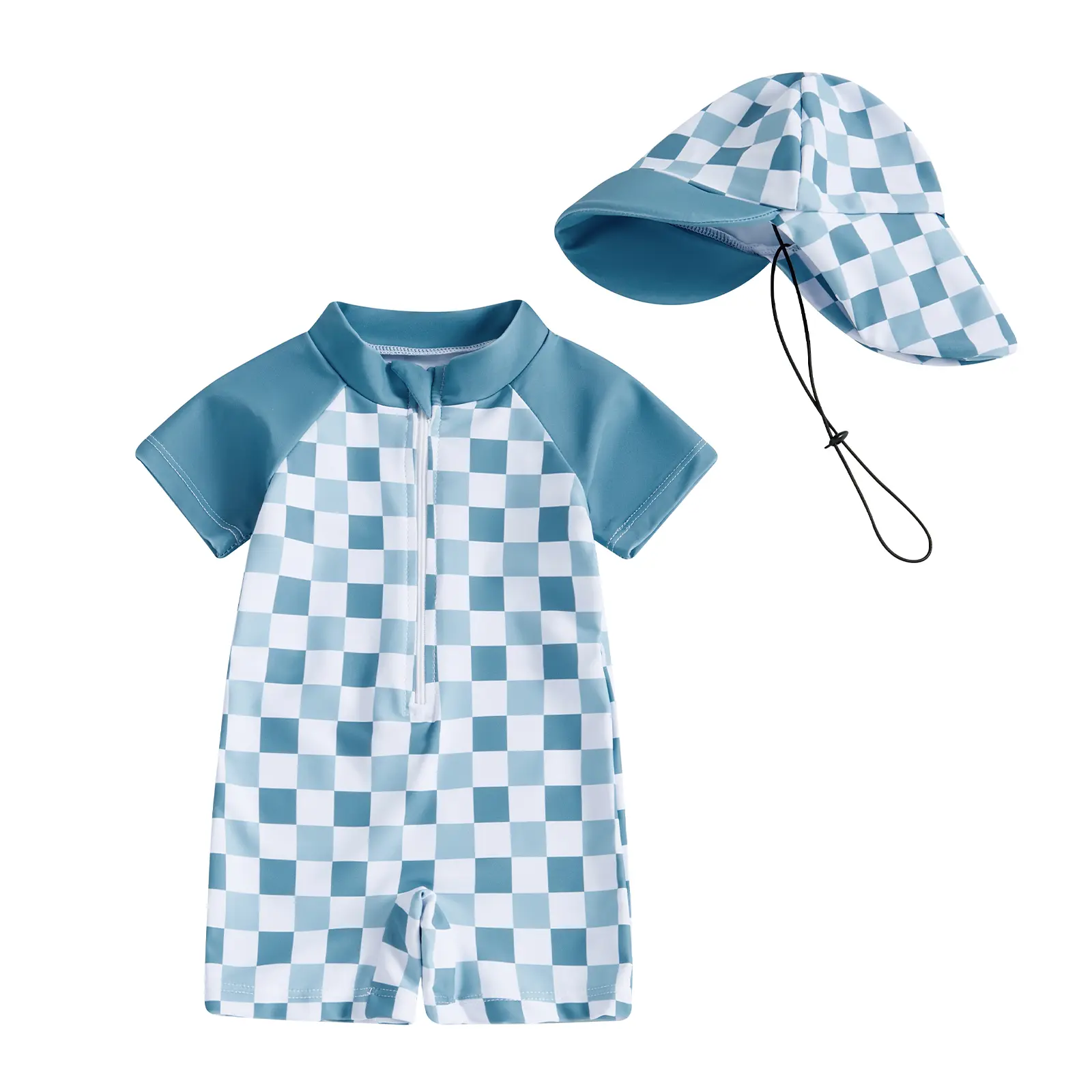 Babamoon Unisex Baby Toddler Swim Shirt Set Pack, Checkered Print Half-Zip Rash Guards Polyester Blend Surfing Bathing Suit with Hat for 0-3 Years