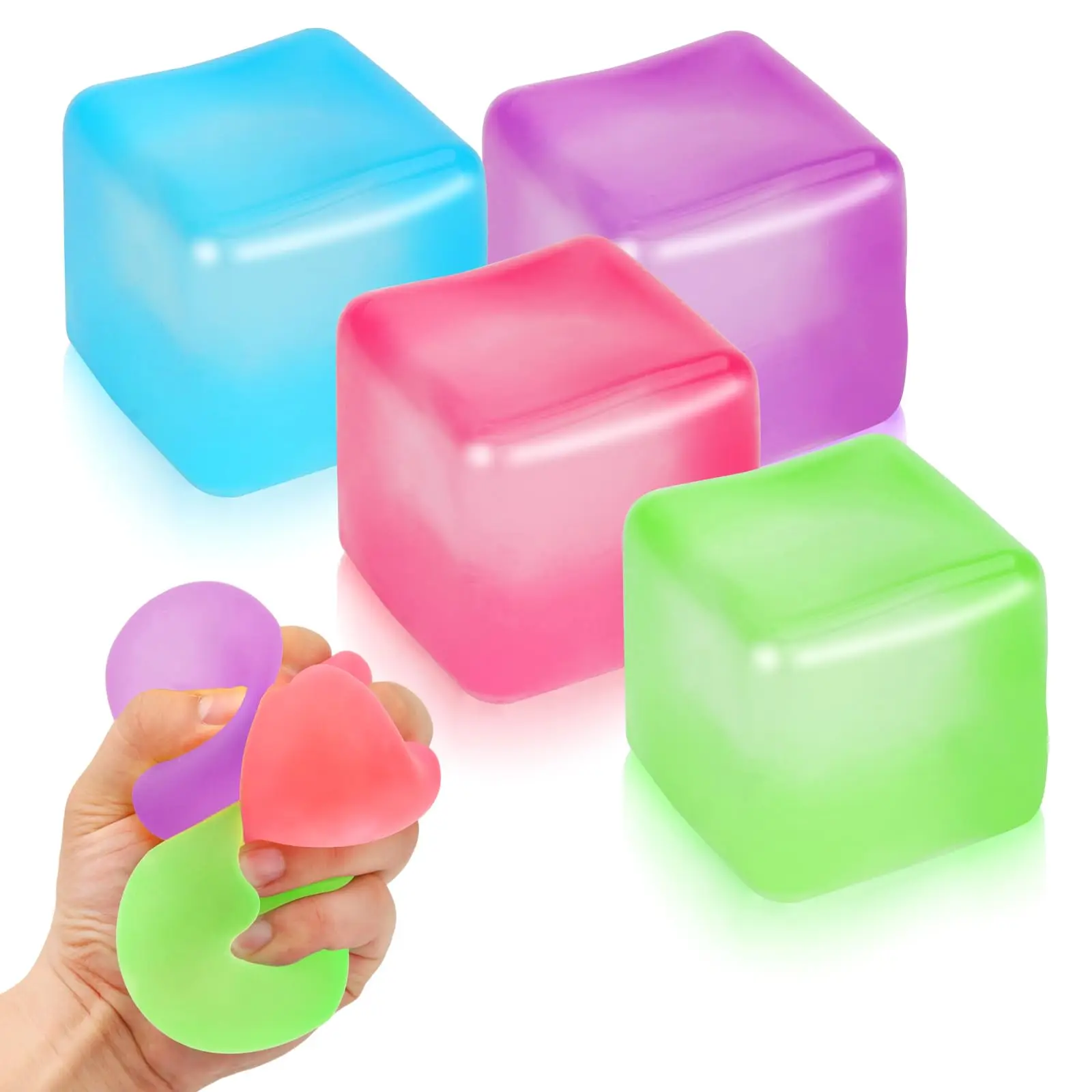 4 Pack Stress Cube Sensory Fidget Toy-Slow Rising Squeeze Cube for Anxiety Stress Relief-Clear Ice Cube Squishy Filled with Thick Maltose-Silent Desk Toy-Perfect Easter Basket Stuffer Birthday Gift for Kids Adults Ages 3 6 8 12+