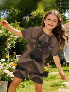 A digital printed set featuring a playful fawn hiding in brown patterns, a sweet and lovely casual outfit. This T-shirt and shorts set is suitable for daily wear and outdoor activities, making it a perfect gift for girls.