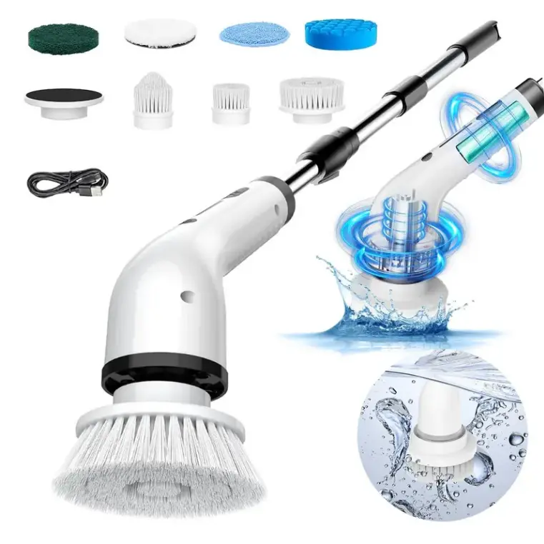 Cordless Electric Spin Scrubber with Extendable Handle, Wireless Power Shower Scrubber, 9 Brush Heads, 5 Adjustable Speeds, IPX7 Waterproof Bathroom Cleaning Brush for Tub, Tile, Floor, Grout, Kitchen & Sink