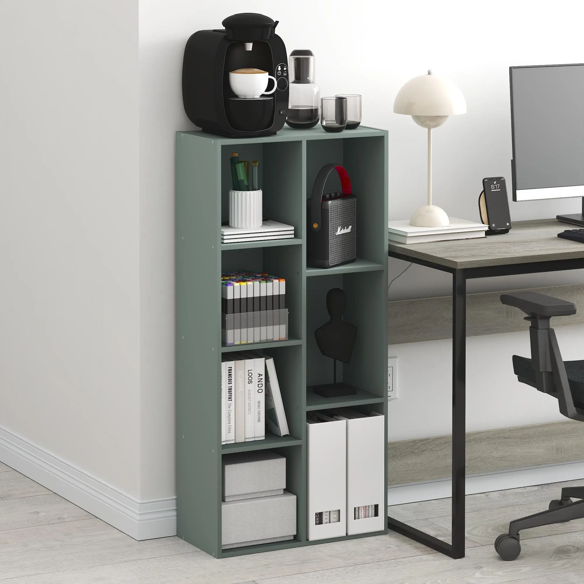 LUDER 7-Cube Contemporary Corner Storage Bookshelf - 9.4x19.5x41.7 in Sage Green Minimalist Decluttering Cuboid Layered Shelf, Corner Organizer Indoor Furniture for Living Room, Bedroom