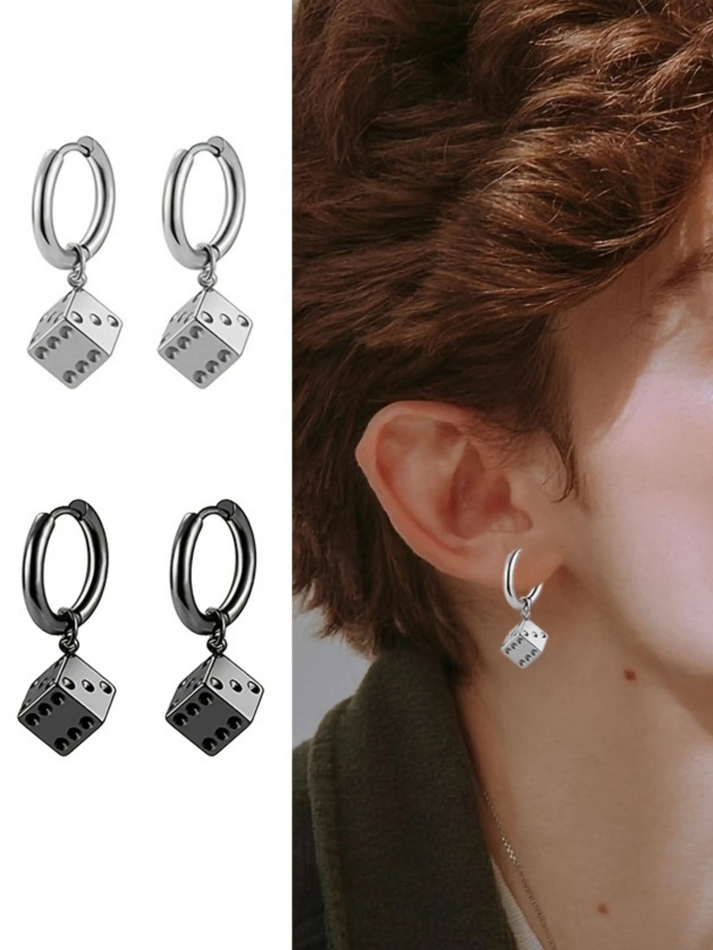 Fashion Retro 316 Stainless Steel Dice Pendant Earrings Set, Unisex Jewelry for Daily Wear & Gift Ideas, No Batteries Included